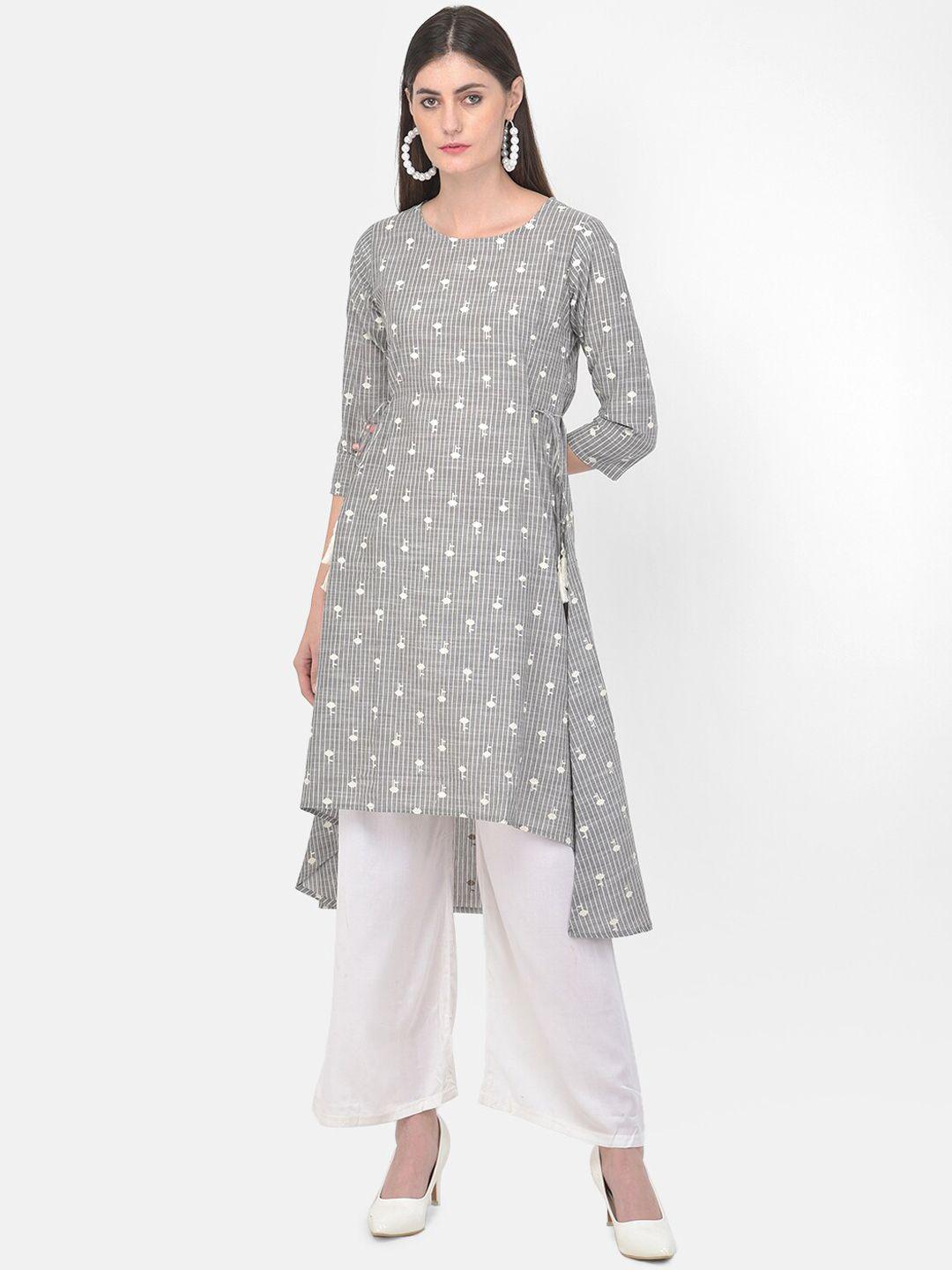 span women grey geometric striped keyhole neck thread work kurta