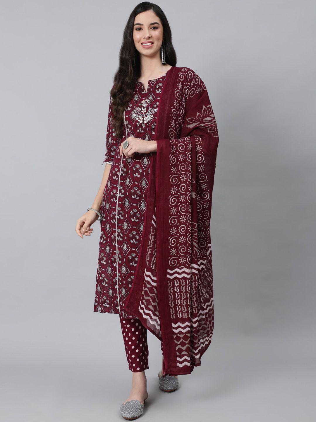 anubhutee women maroon ethnic motifs thread work pure cotton kurta with trousers & with dupatta