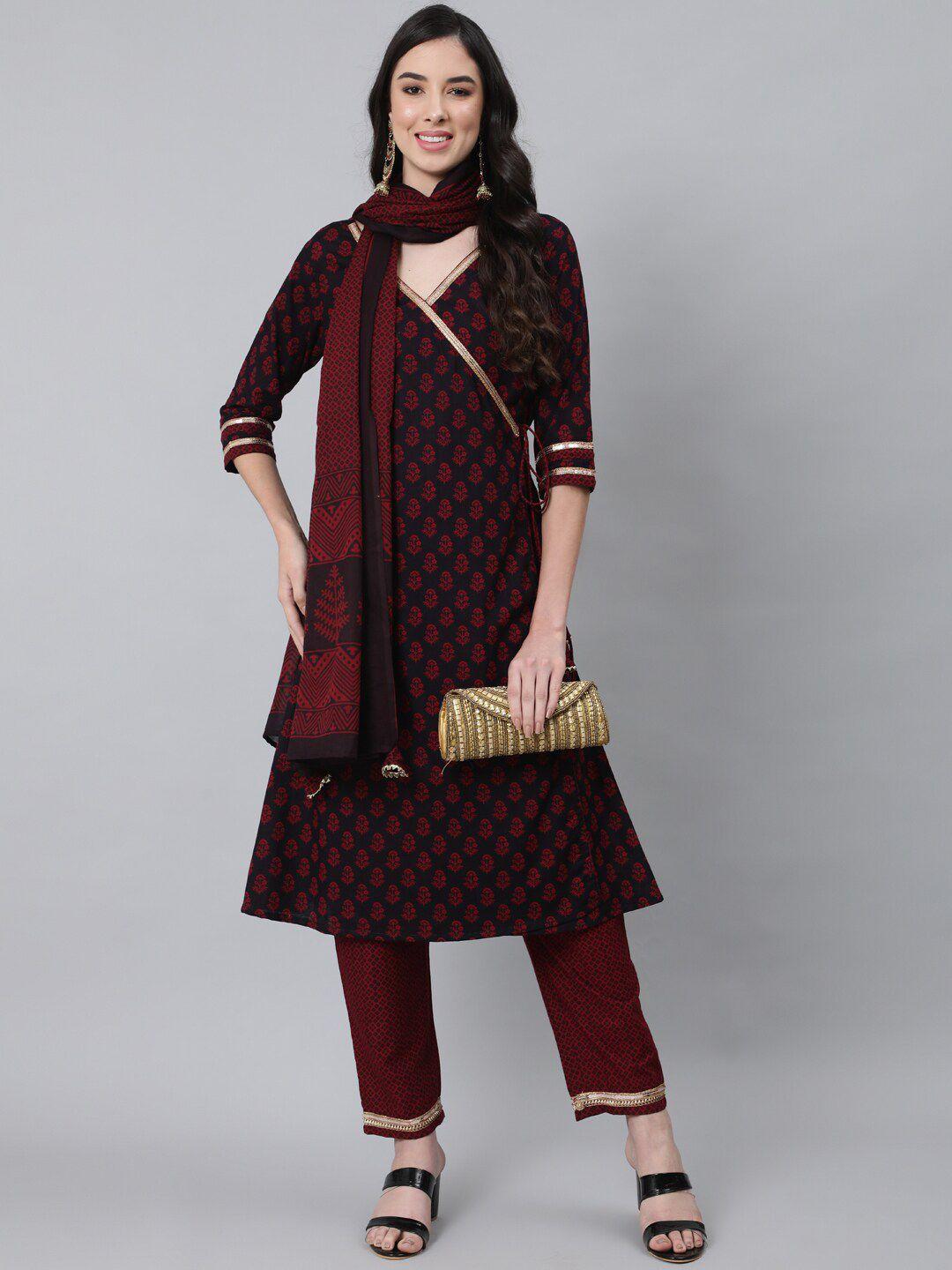 anubhutee women maroon ethnic motifs printed angrakha gotta patti pure cotton kurta with trousers & with