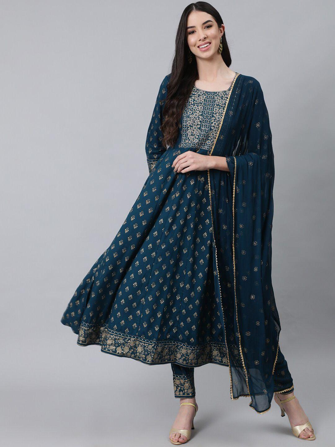 anubhutee women navy blue ethnic motifs embroidered thread work kurta with trousers & with dupatta