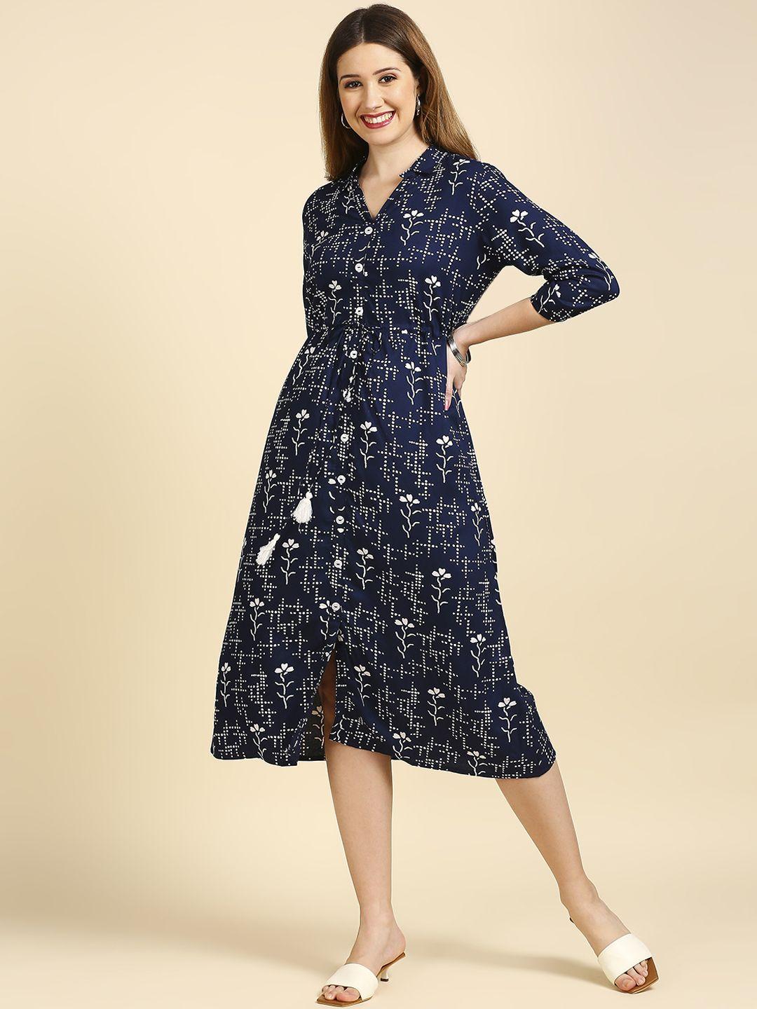 anubhutee navy blue floral shirt midi dress