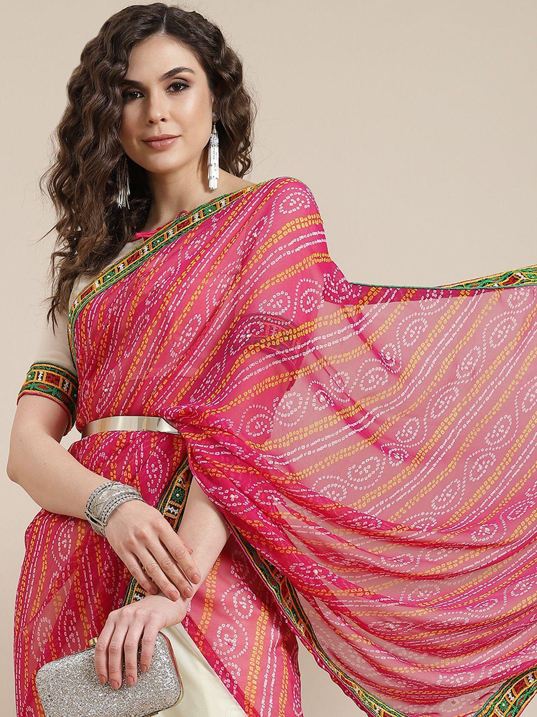 mitera white & pink bandhani saree