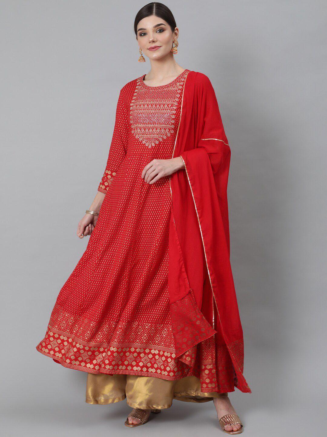 anubhutee women red ethnic motifs printed anarkali kurta with dupatta