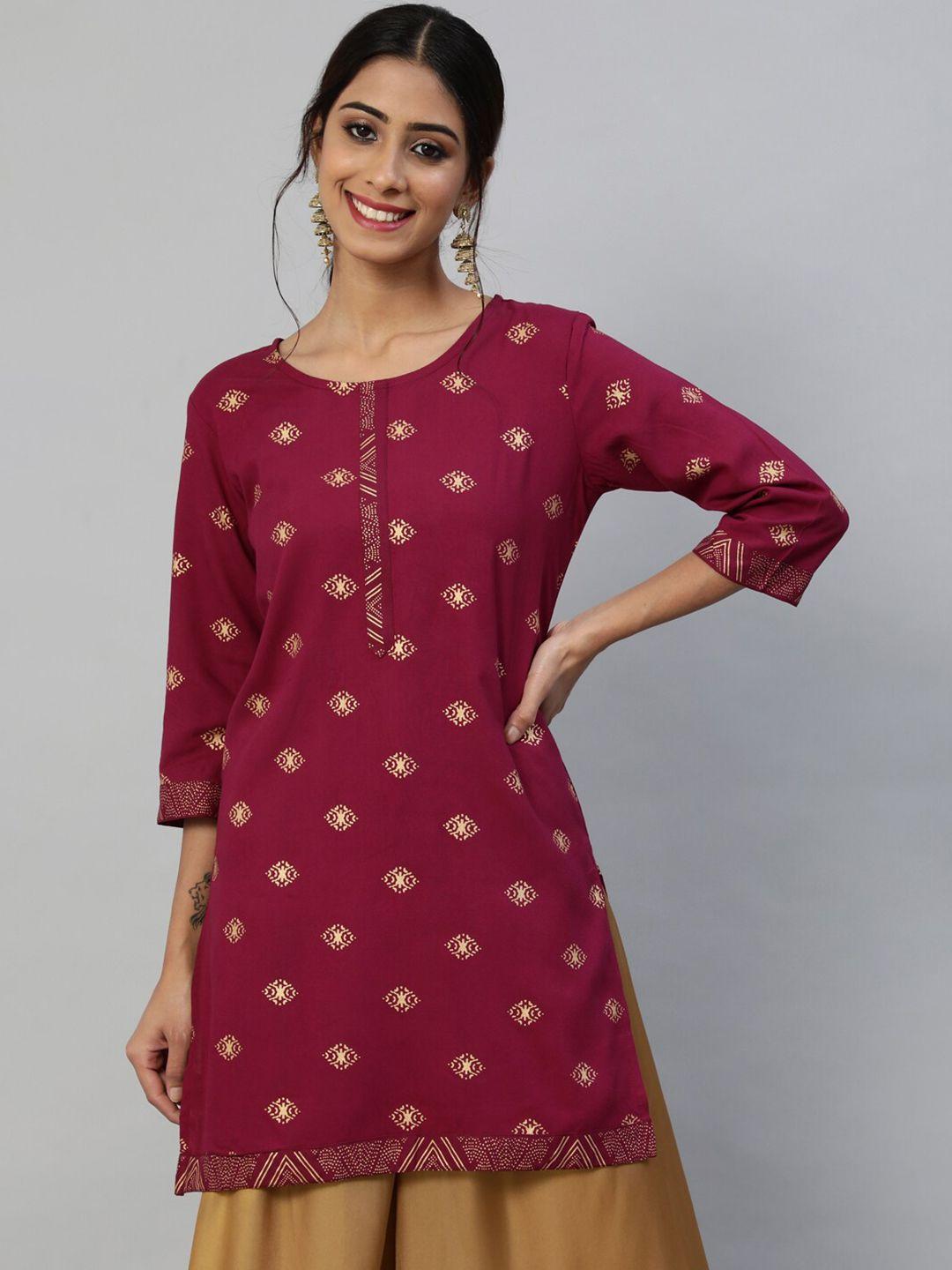 anubhutee maroon & gold-toned ethnic motifs printed kurti