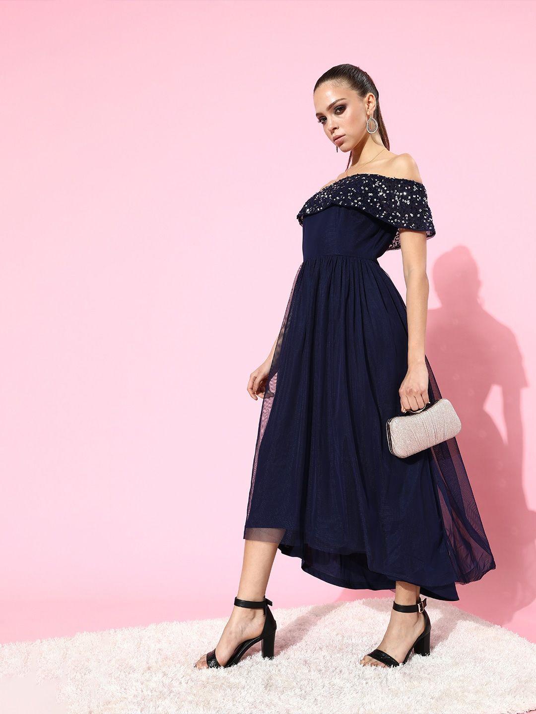 street 9 women deep navy blue solid net dress