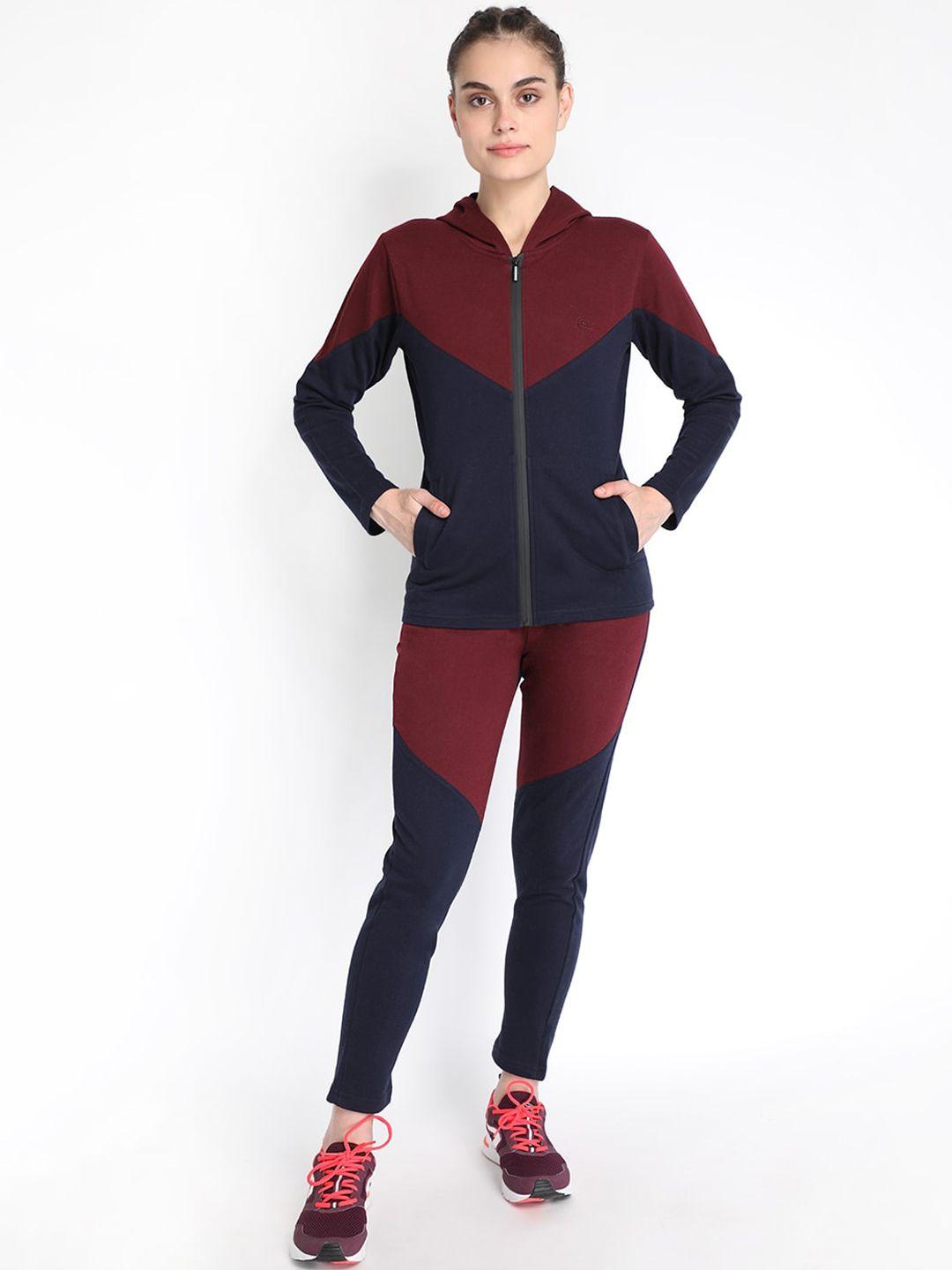 chkokko women maroon & navy-blue colourblocked tracksuit