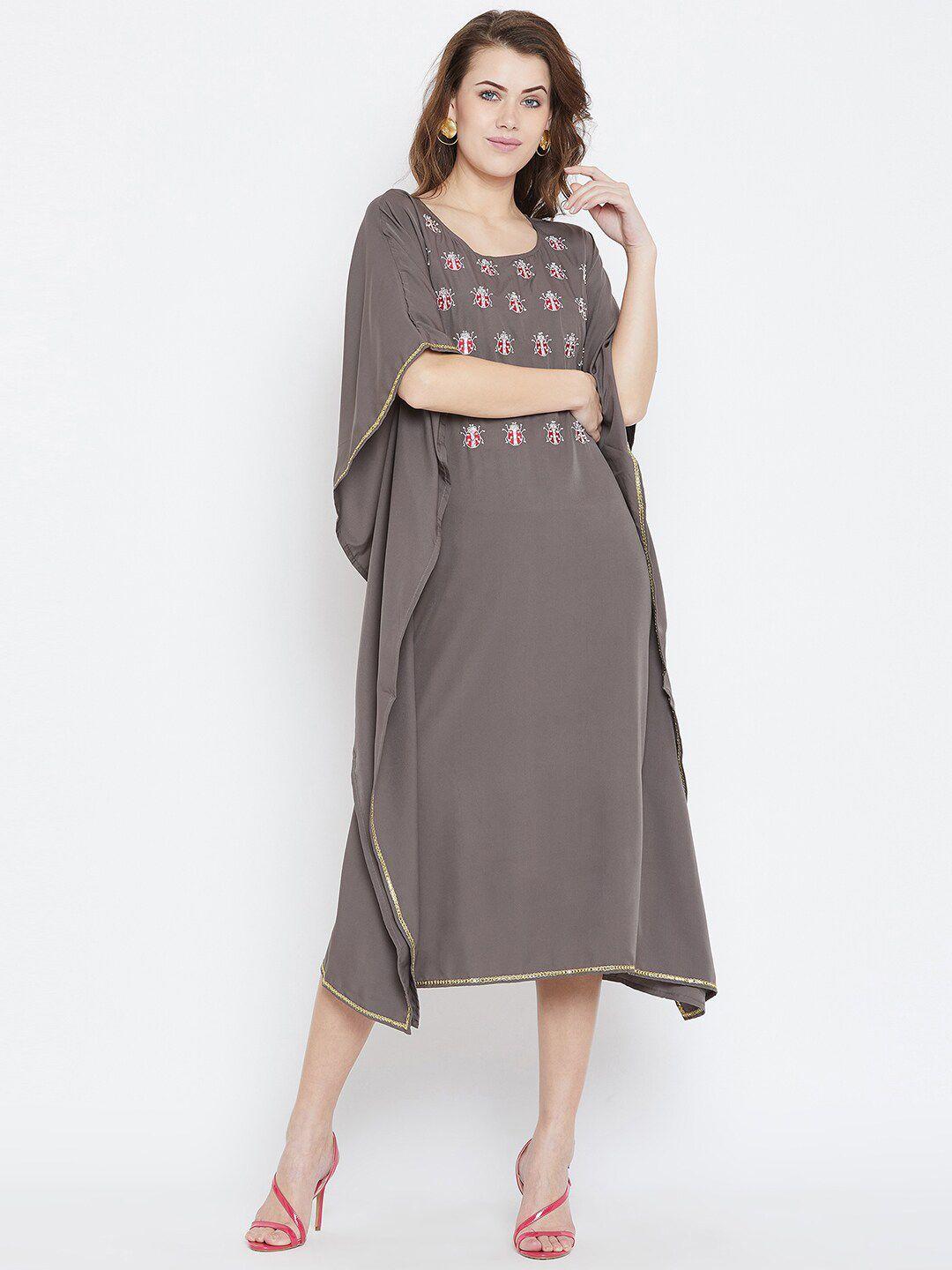 bitterlime grey embroidered crepe kaftan midi dress