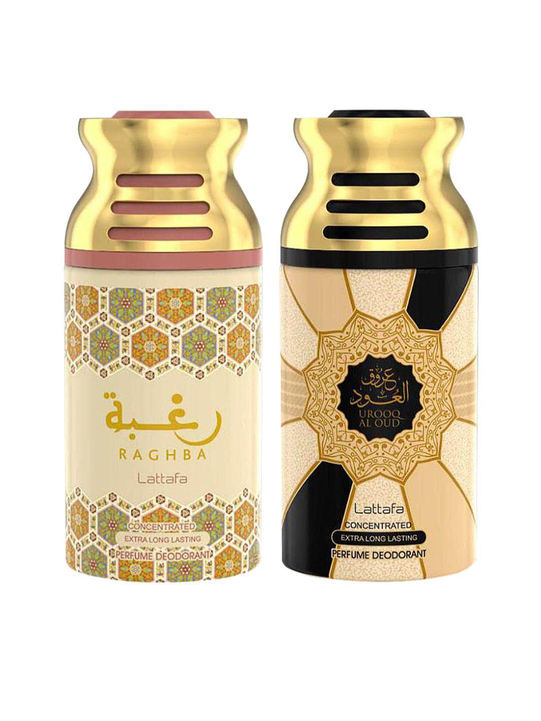 lattafa pack of 2 raghba & urooq al oudh perfumed deodorant bodyspray-250ml each