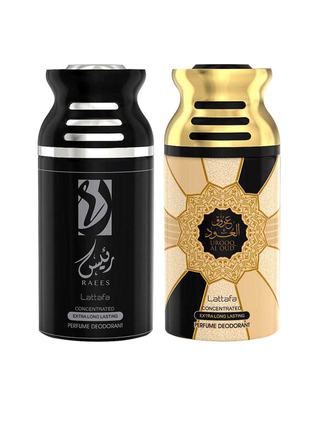 lattafa pack of 2 raees & urooq al oudh perfumed deodorant body spray-250ml