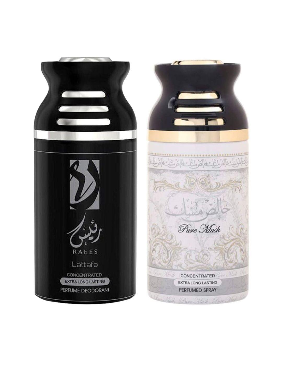 lattafa set of 2 raees & pure musk perfumed deodorant body spray