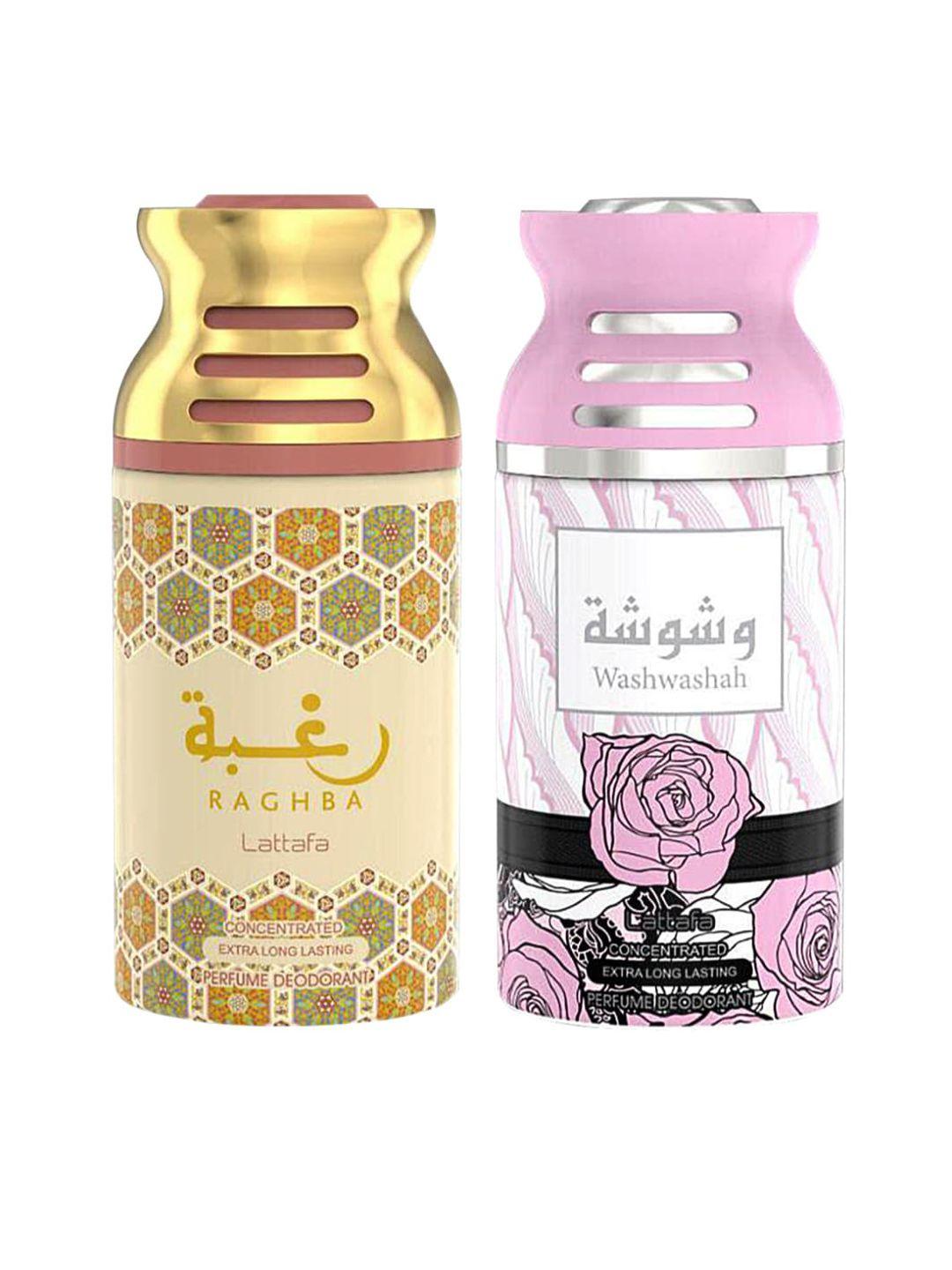 lattafa pack of 2 raghba & washwashah perfumed deodorant body spray- 250ml