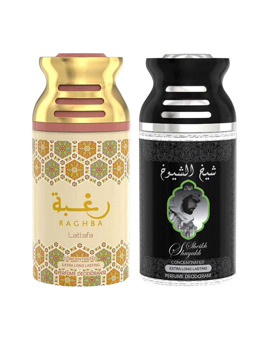 lattafa pack of 2 raghba & sheik al suyukh perfumed deodorant bodyspray, 250ml each