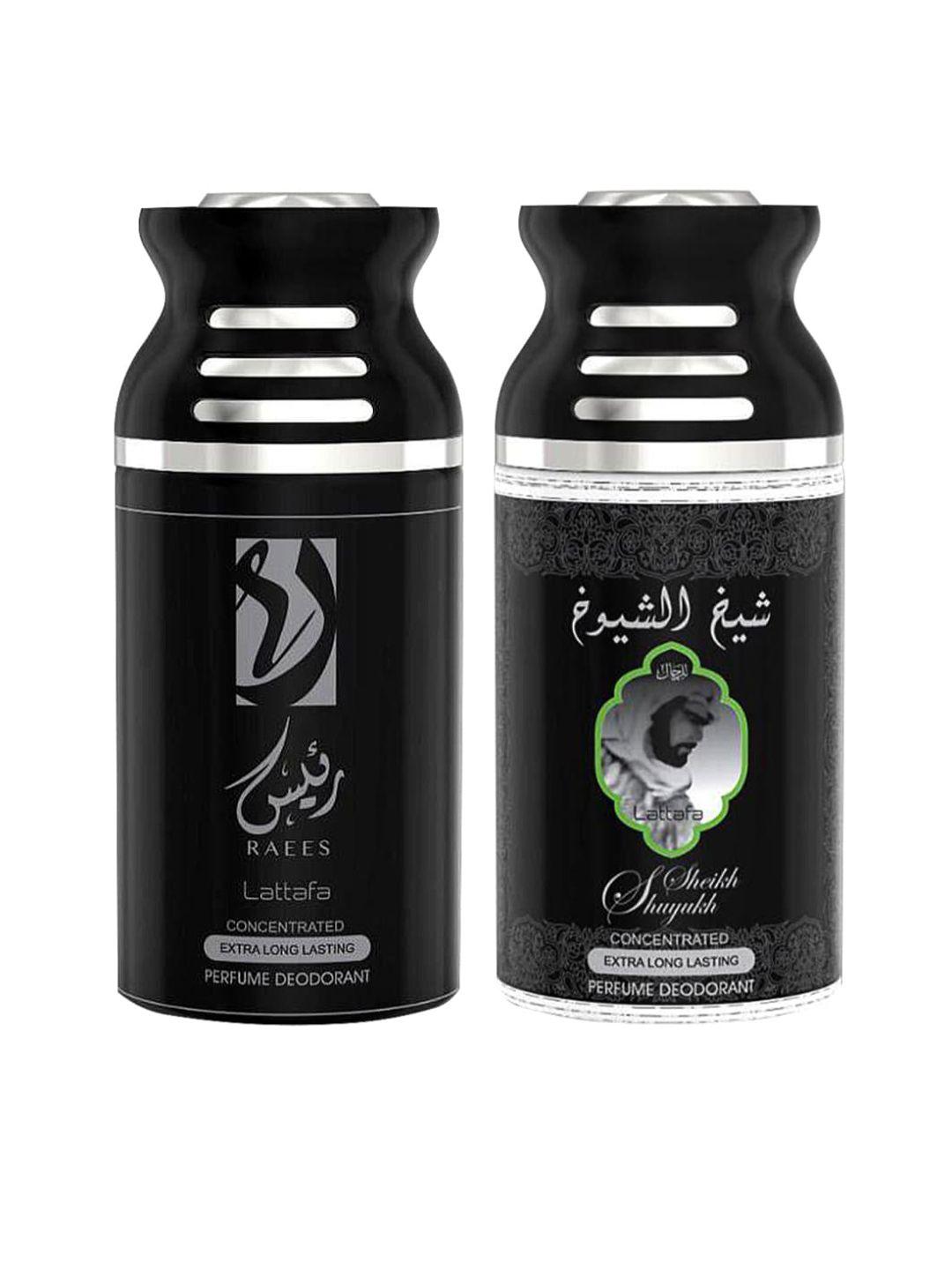 lattafa pack of 2 raees & sheik al suyukh perfumed deodorant bodyspray-250ml each