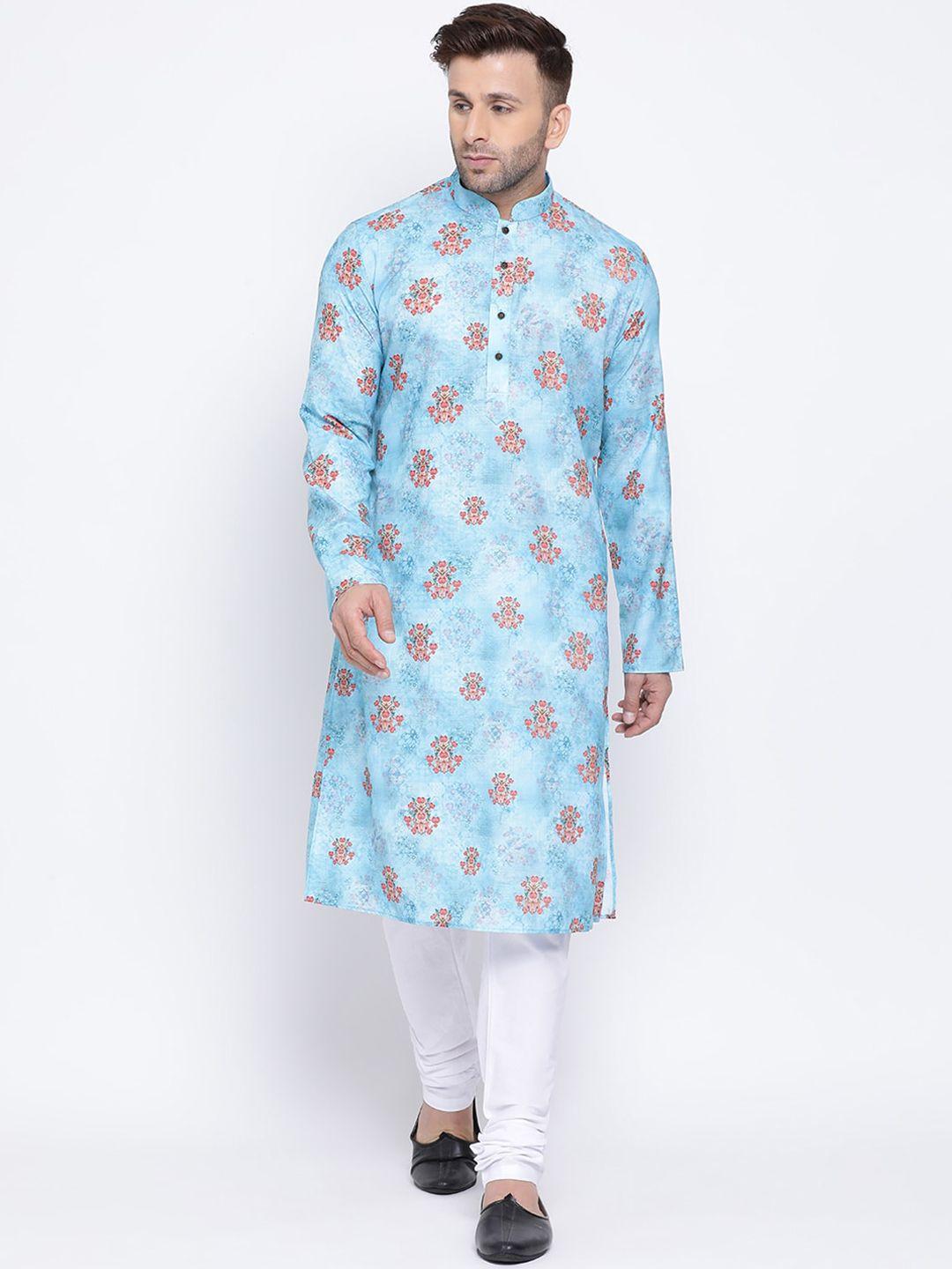 namaskar men blue & red cotton linen printed kurta