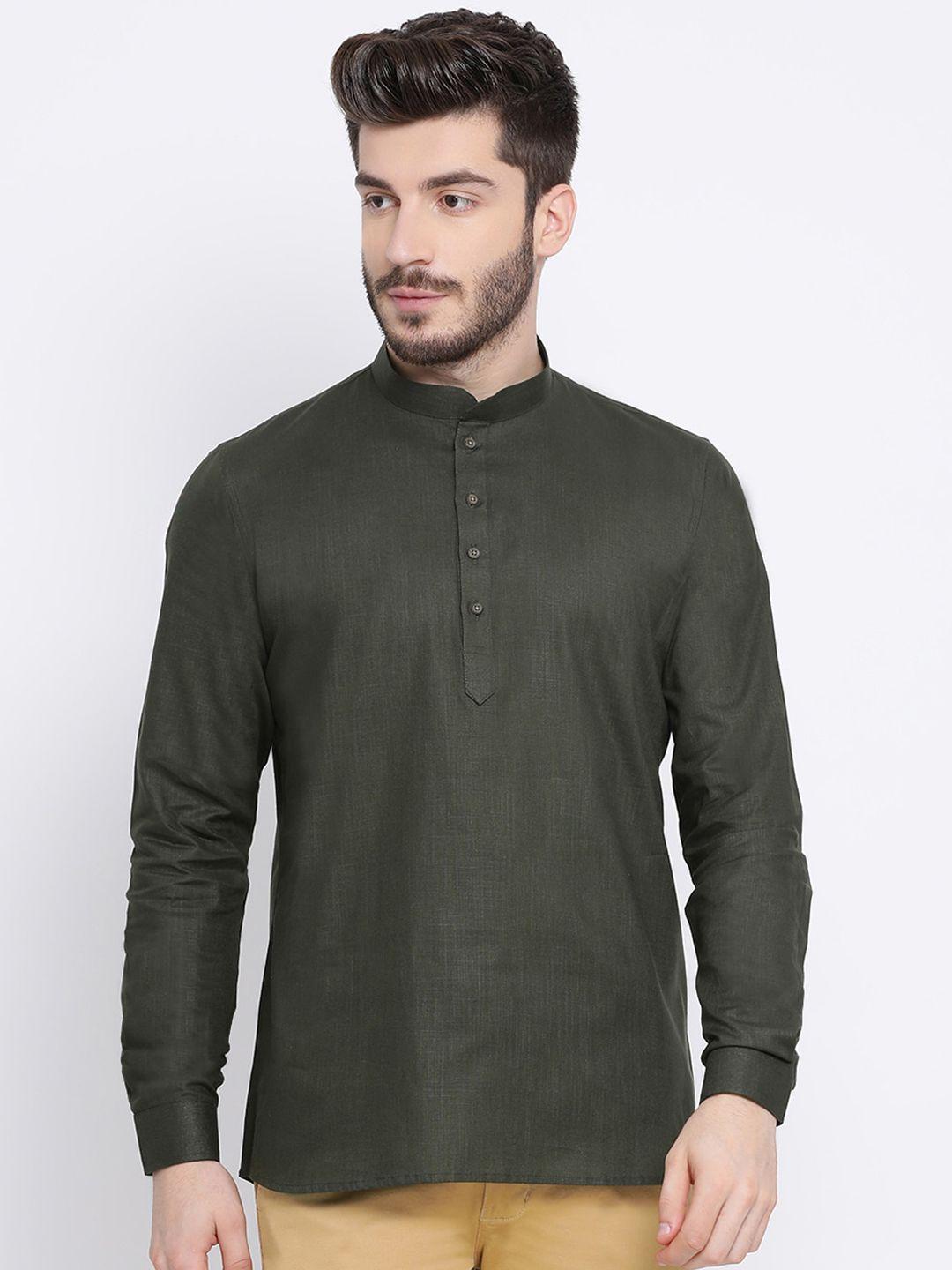 namaskar men green solid pure cotton kurta