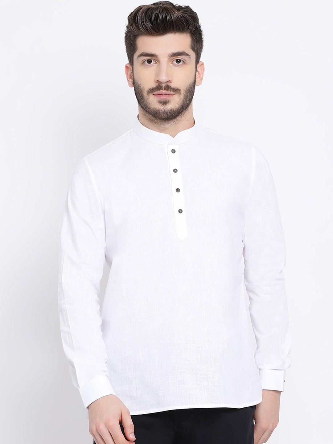 namaskar men white cotton solid mandarin collar straight cotton kurta