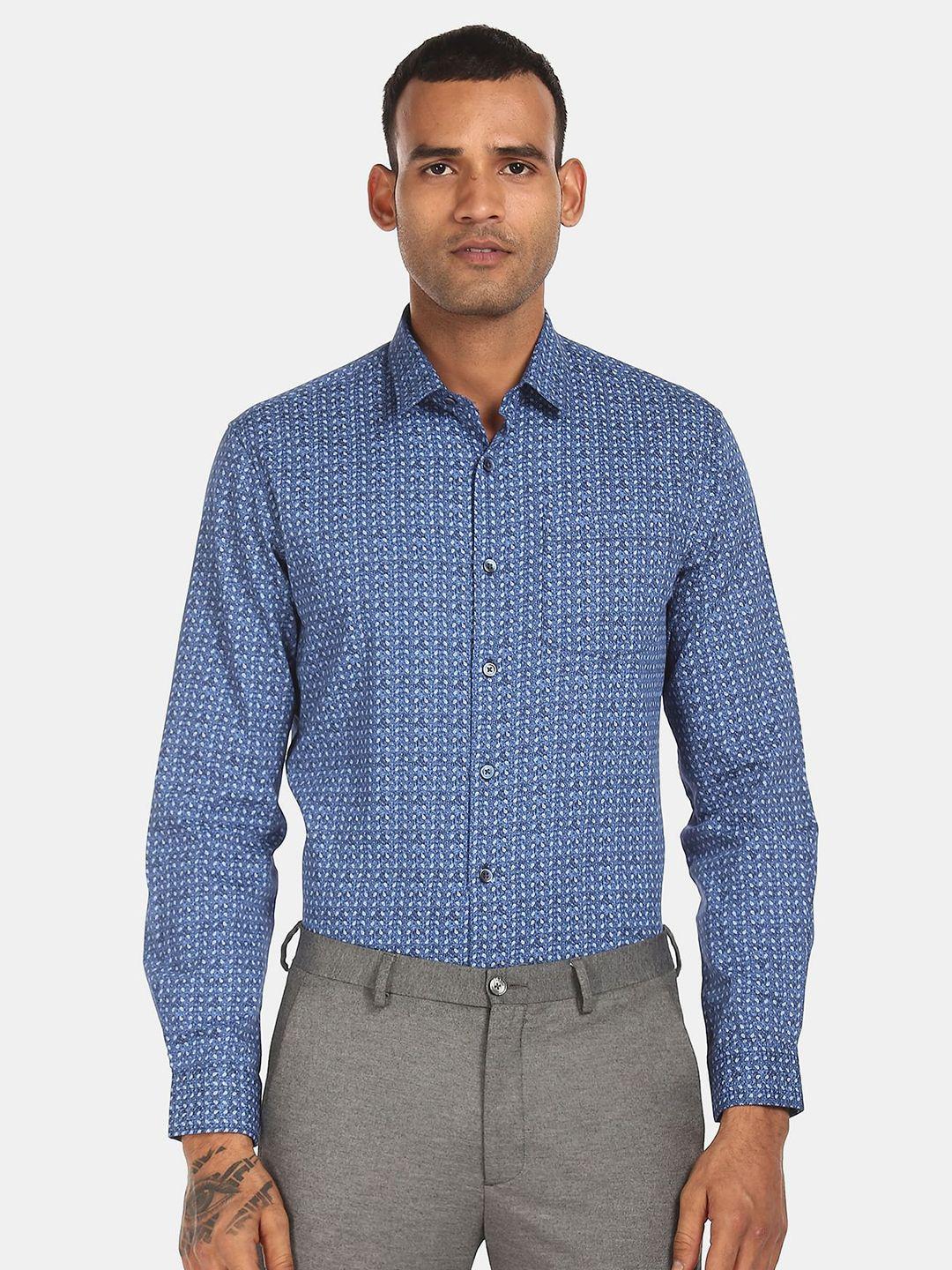 excalibur men blue printed cotton formal shirt