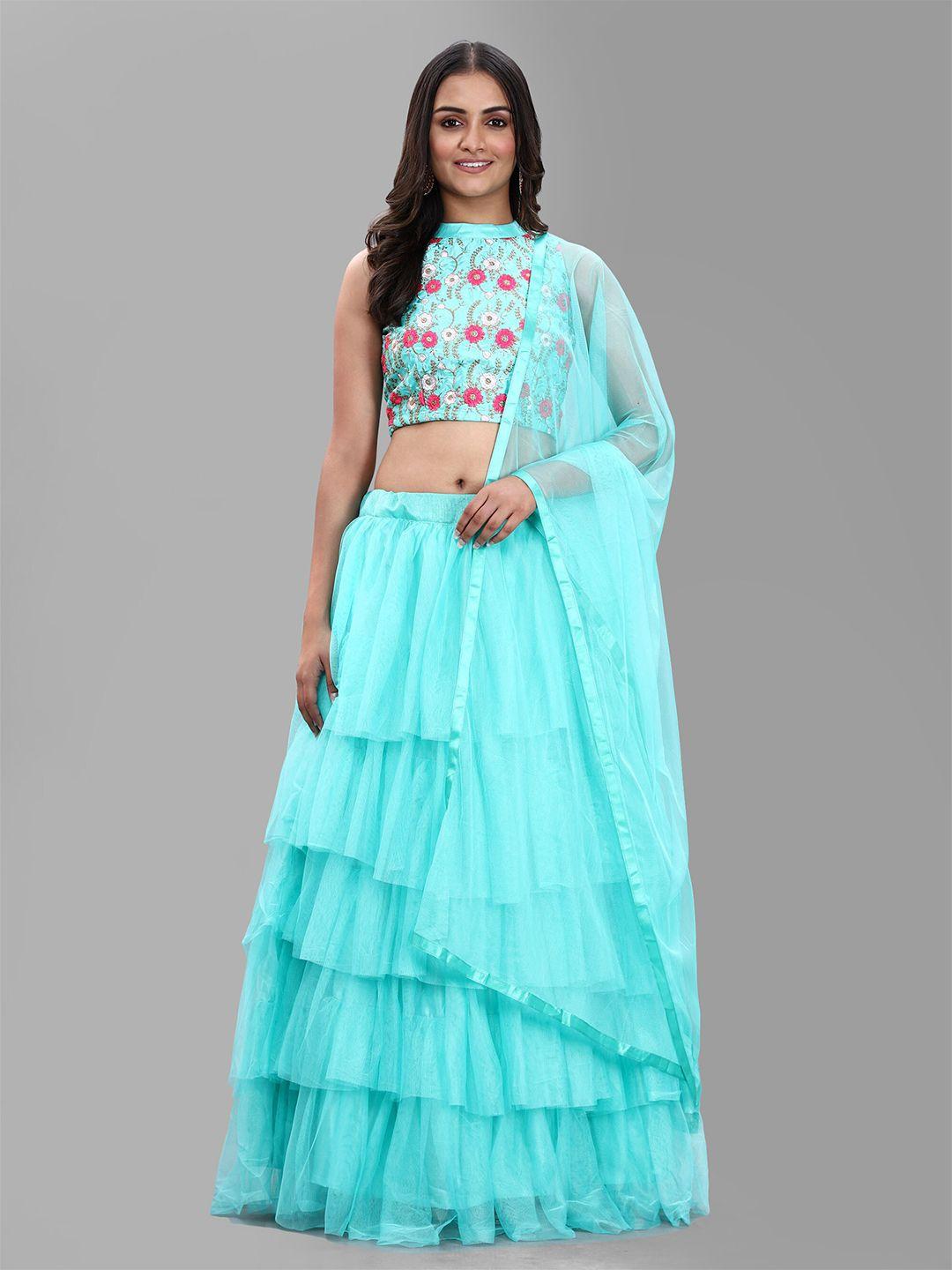 divastri blue & pink embroidered semi-stitched lehenga & unstitched blouse & net dupatta