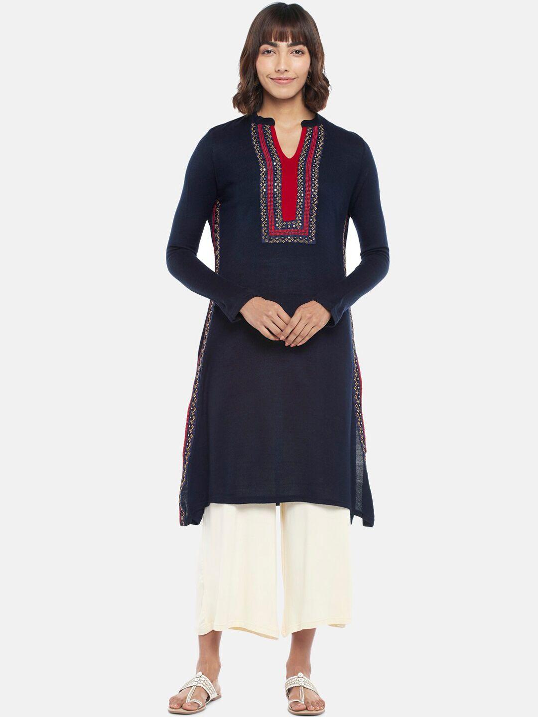 rangmanch by pantaloons women blue embroidered thread work kurta