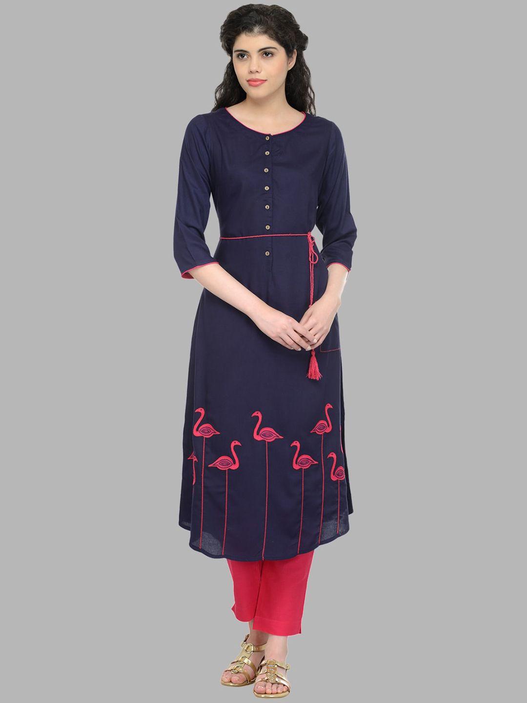 bitterlime women navy blue geometric embroidered patchwork anarkali kurta