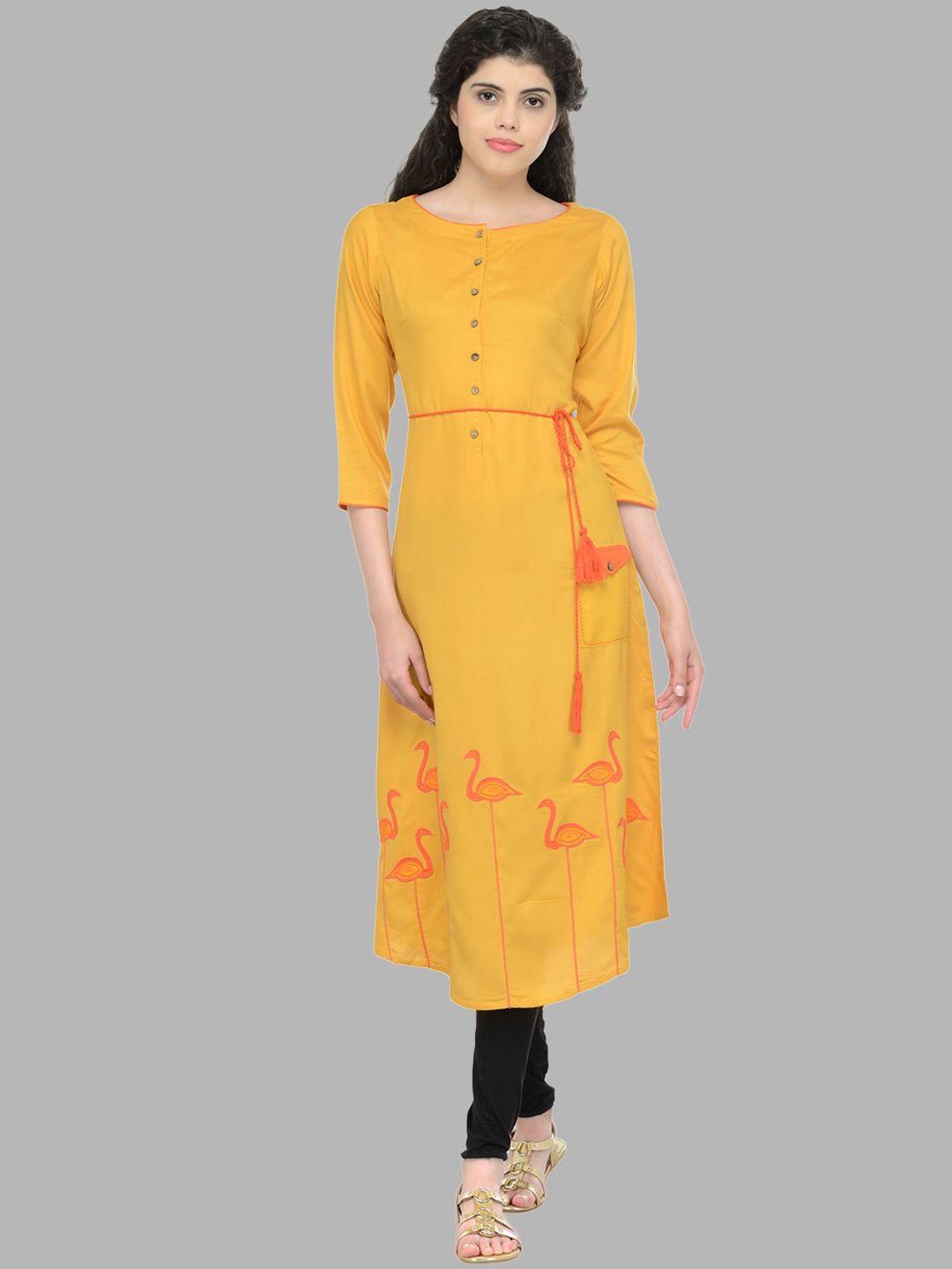 bitterlime women mustard yellow dyed thread work kurta