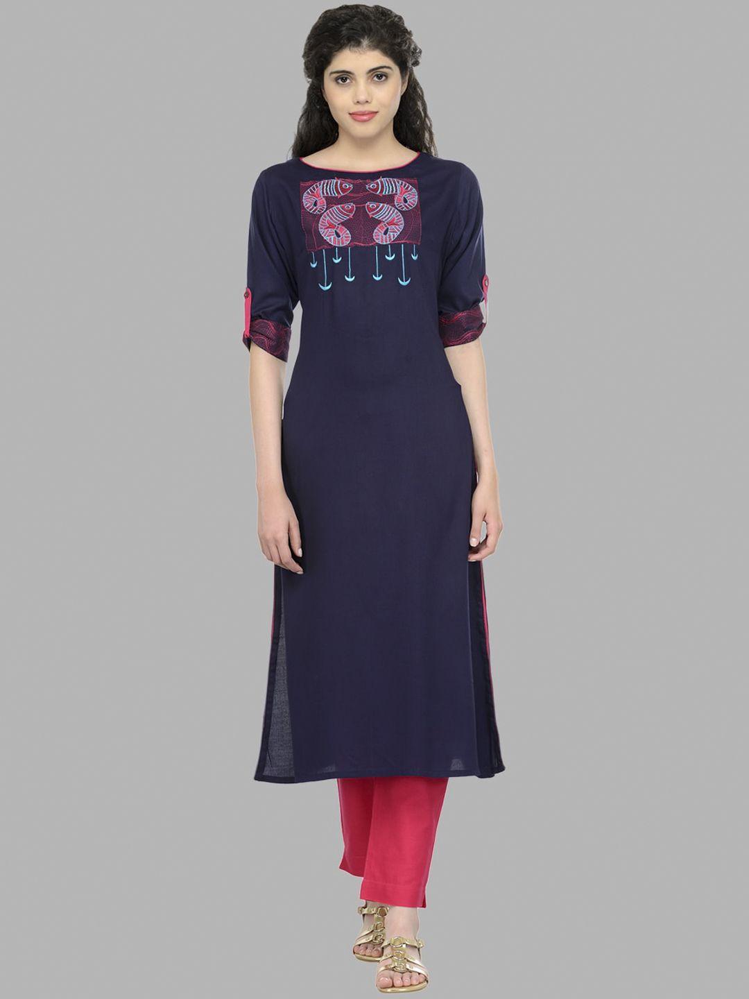 bitterlime women navy blue  fish embroidered yoke design thread work kurta