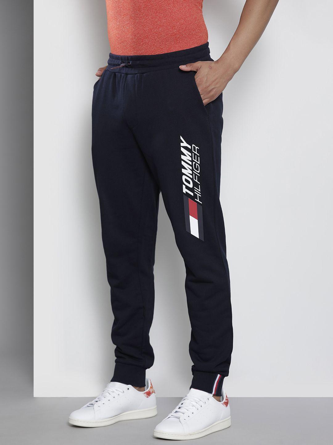 tommy hilfiger men navy blue & white printed joggers