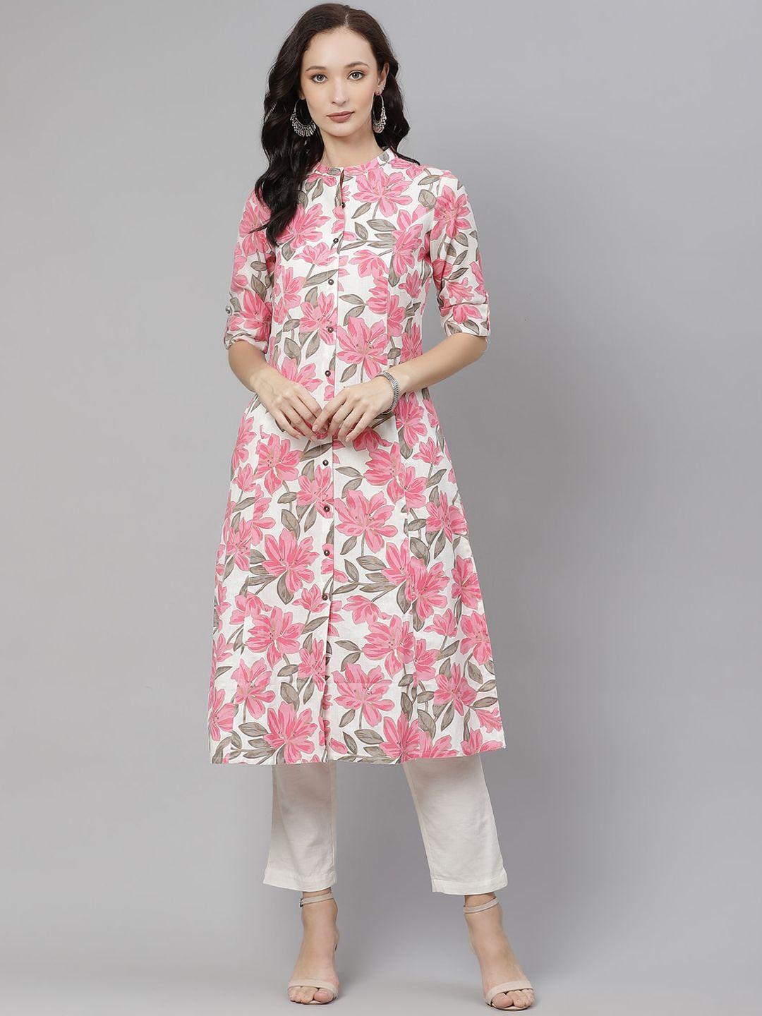 divena women white & pink floral printed cotton kurta