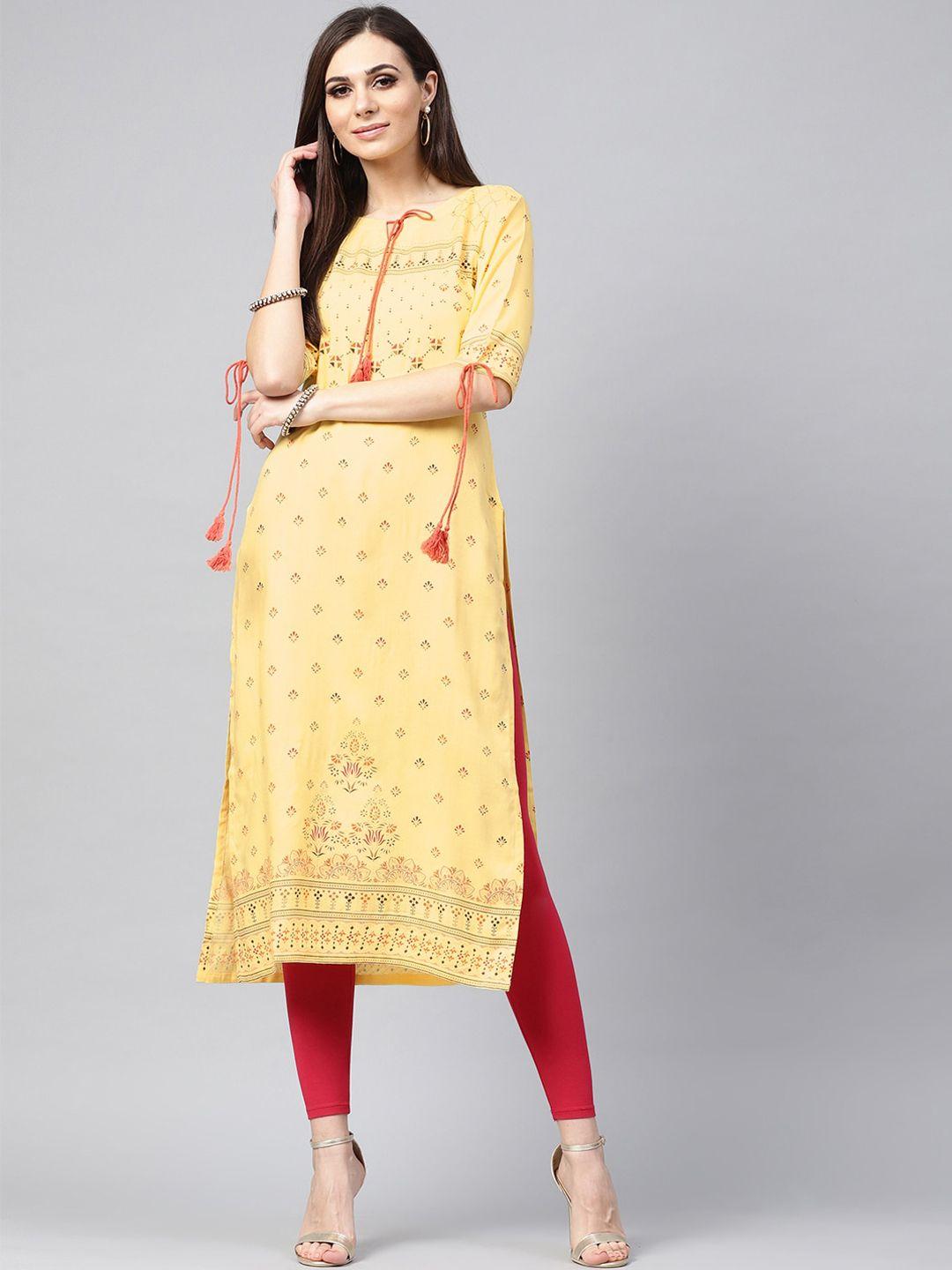 libas women yellow geometric printed keyhole neck kurta