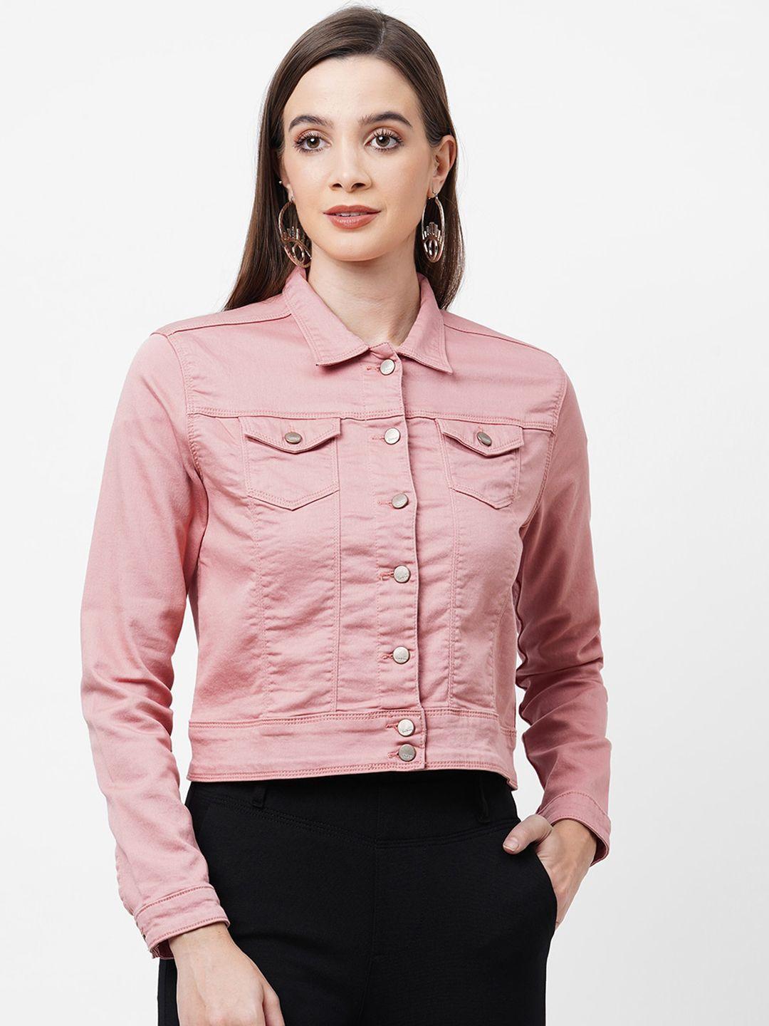 kraus jeans women pink solid crop denim jacket