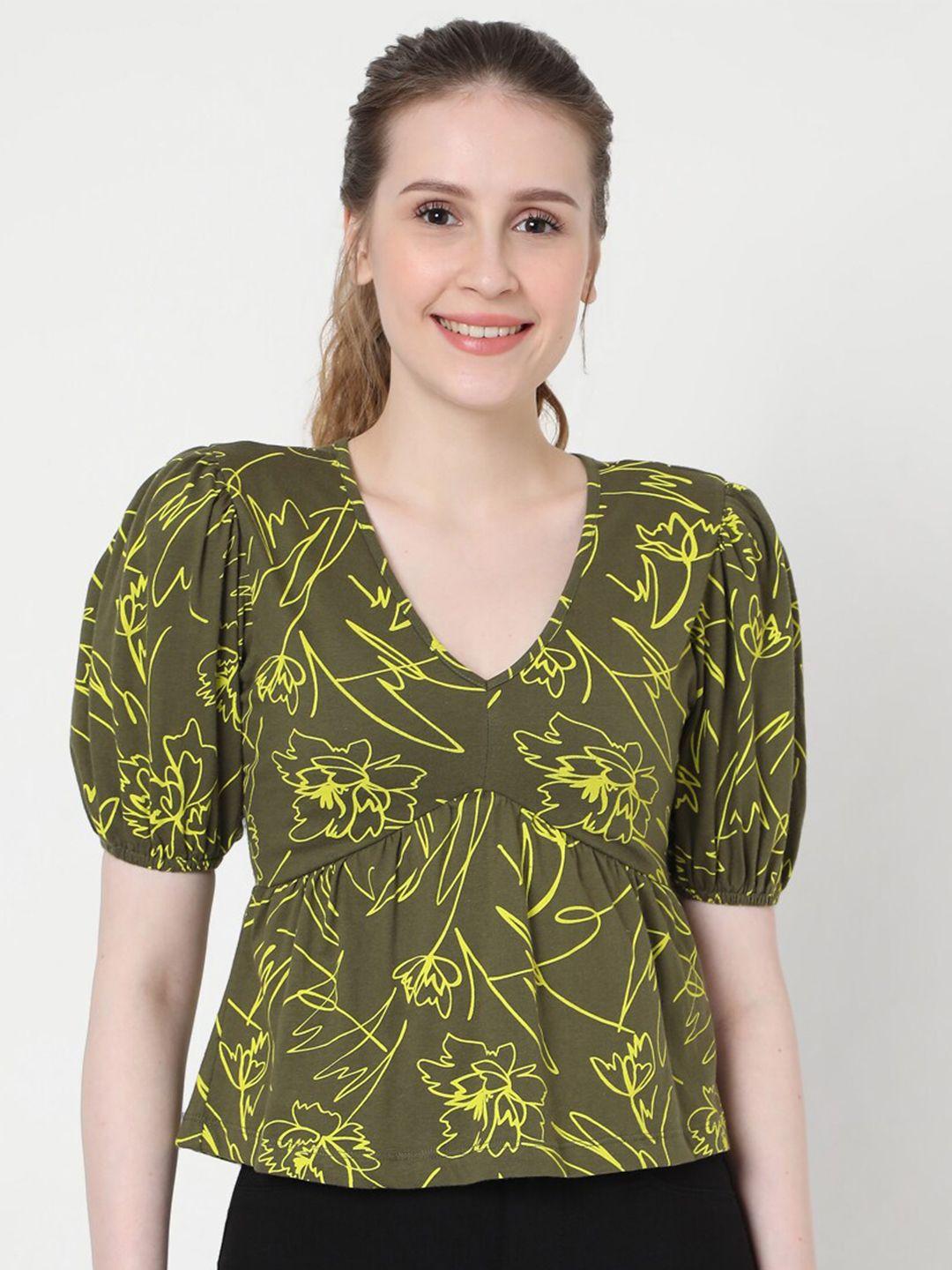 vero moda olive green & yellow floral print pure cotton top