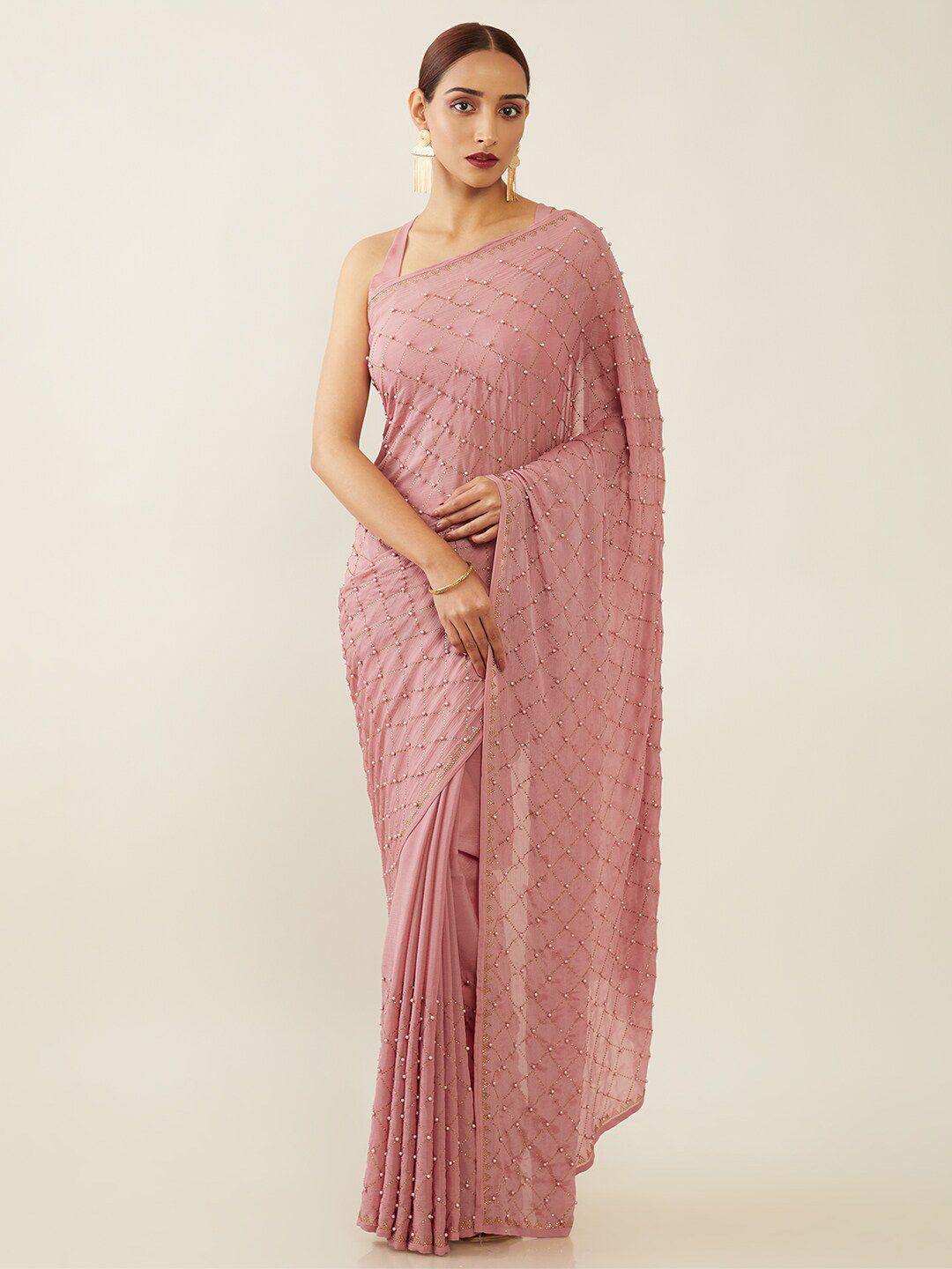 soch purple beads and stones embellished pure chiffon saree