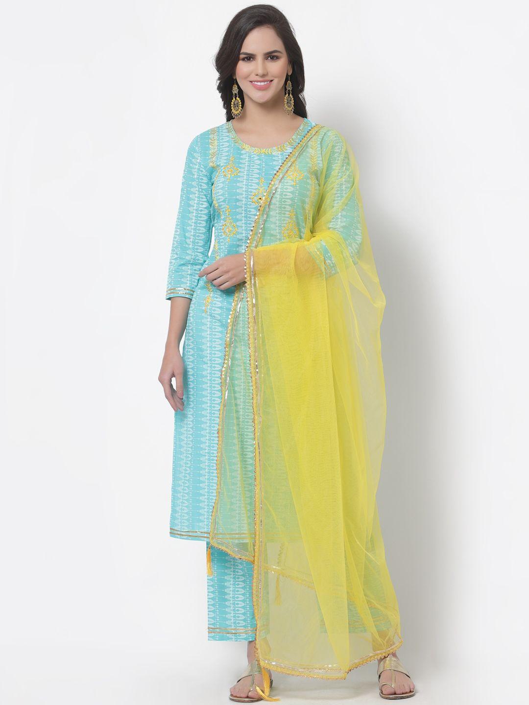 myshka women turquoise blue layered pure cotton kurta with trousers & with dupatta