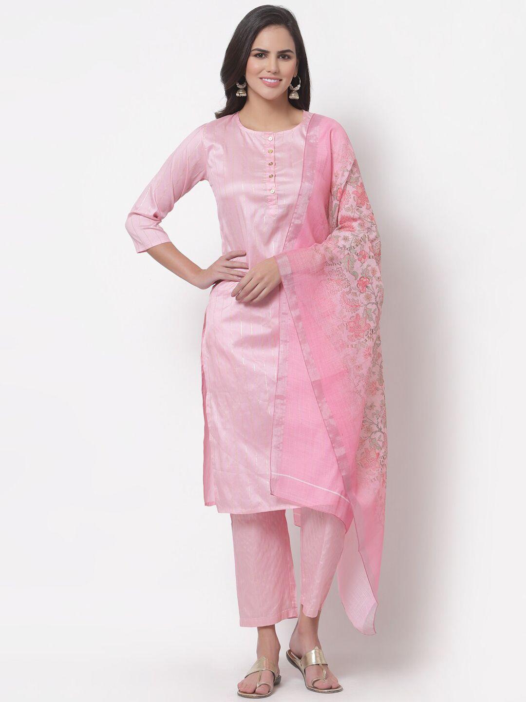 myshka women pink panelled pure cotton kurta with trousers & with dupatta