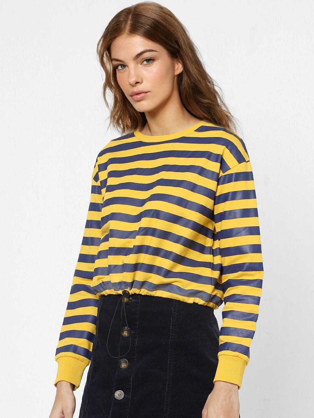 only women yellow & navy blue striped cotton sweatshirt