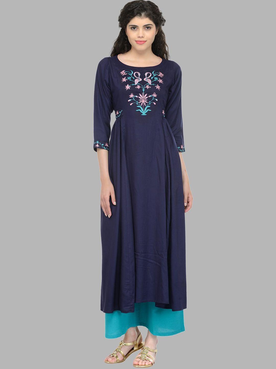 bitterlime women navy blue & pink floral yoke design thread work anarkali kurta