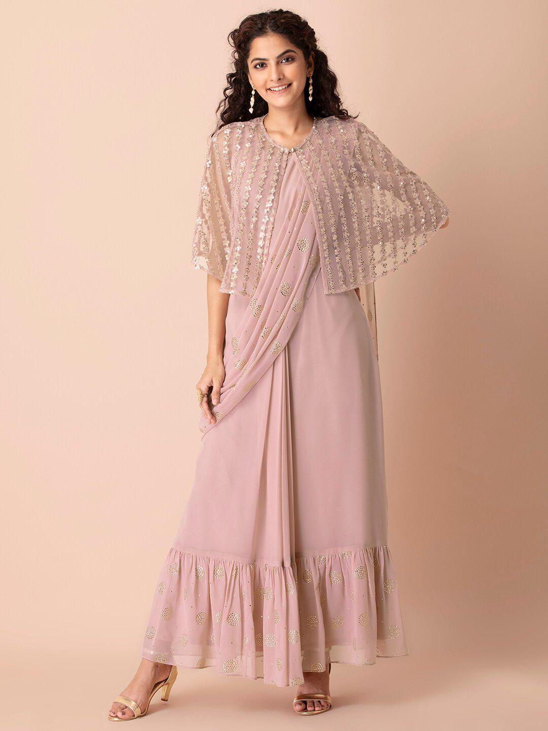 indya pink & gold-toned embellished ready to wear saree with cape jacket