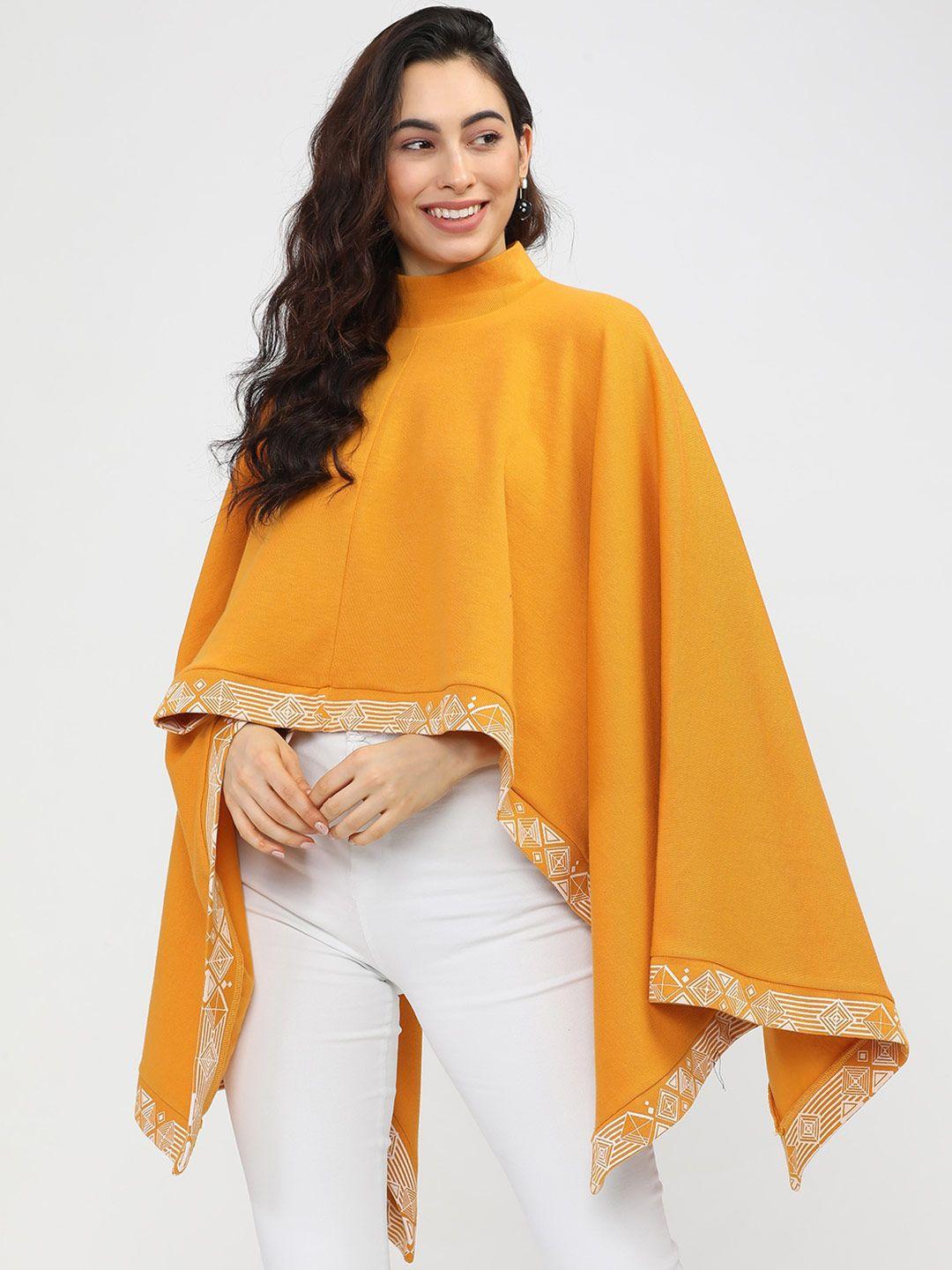 vishudh women yellow  knitted high neck poncho cape top