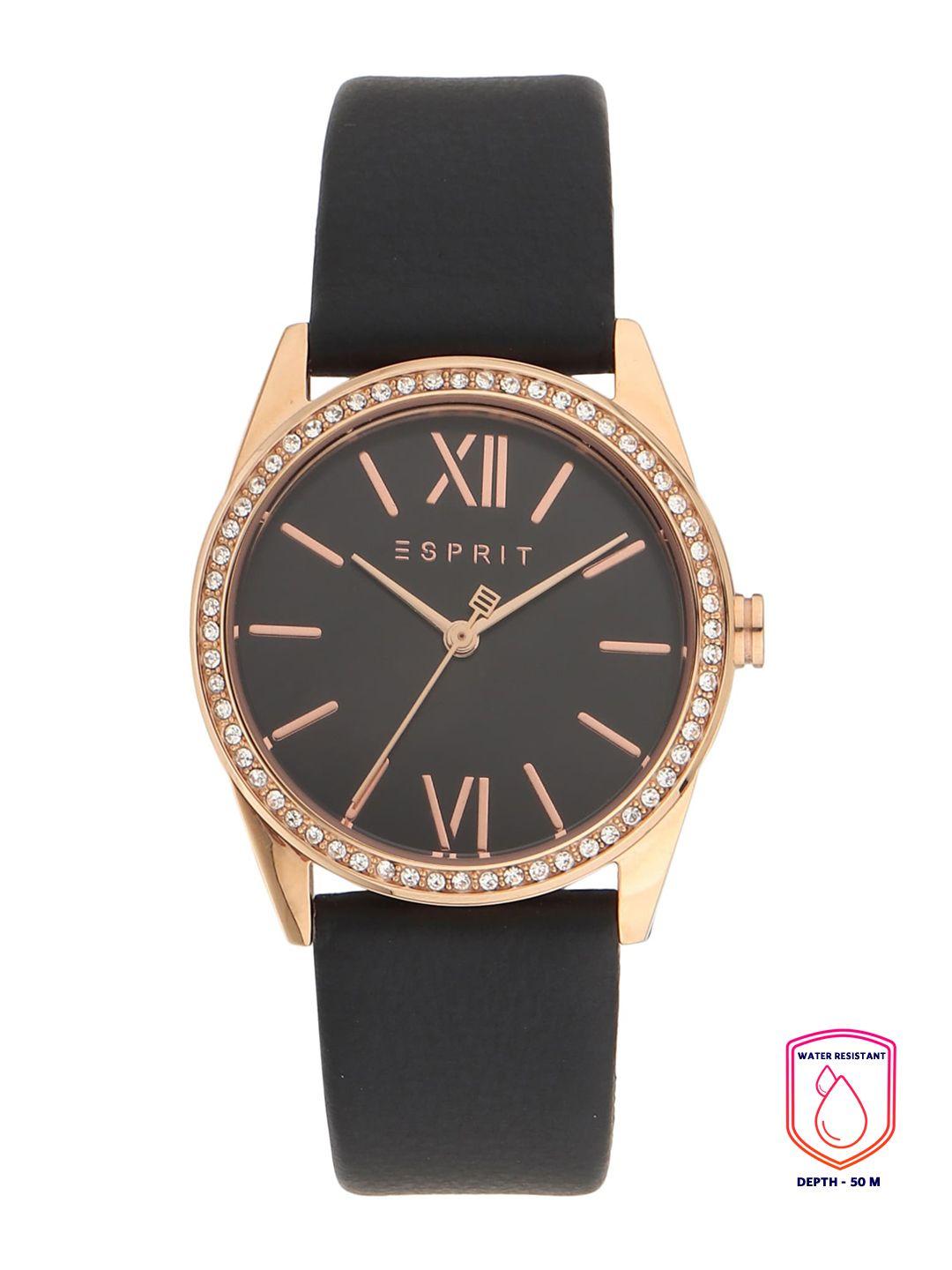 esprit woman black embellished dial & black leather straps analogue watch