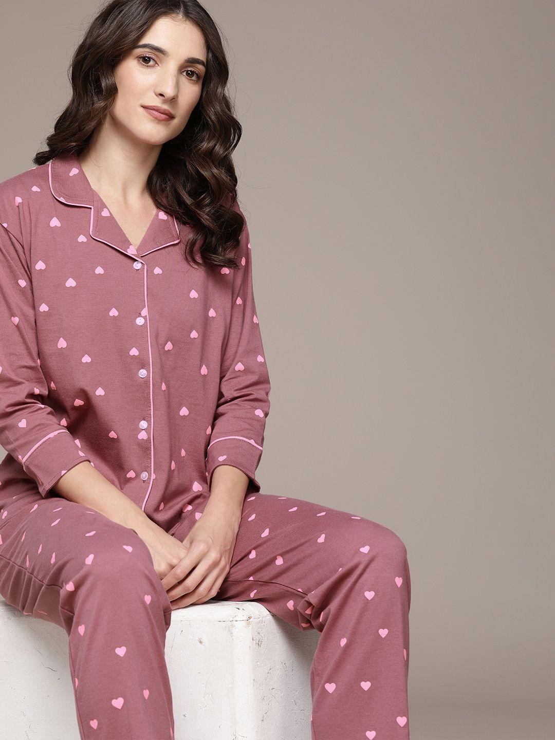 beebelle women brown & pink printed night suit