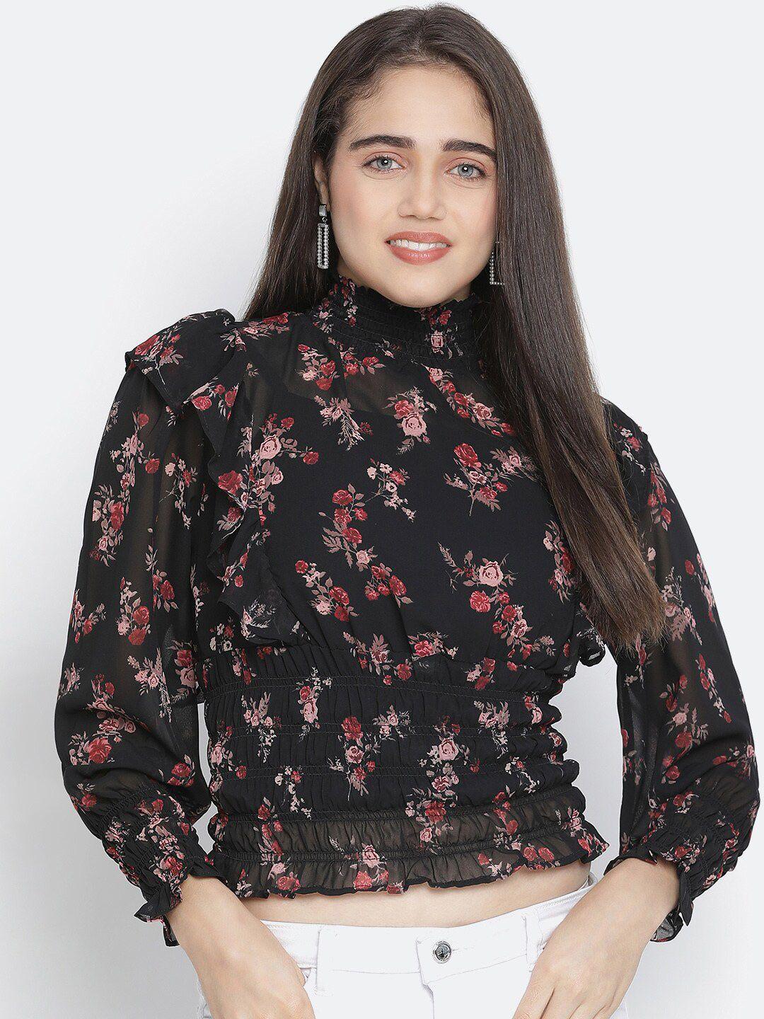 oxolloxo black floral print cinched waist top