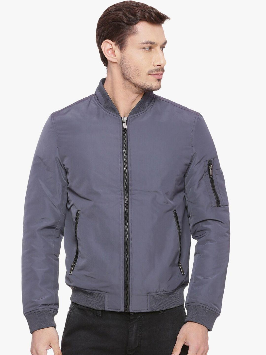 basics men grey solid bomber jacket