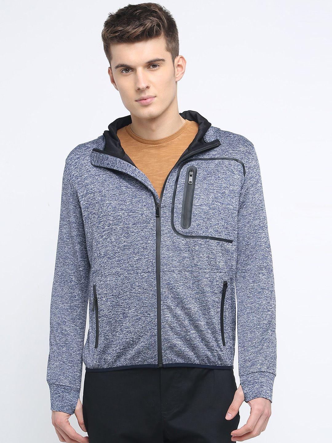 basics men blue solid hooded knitted sporty jacket