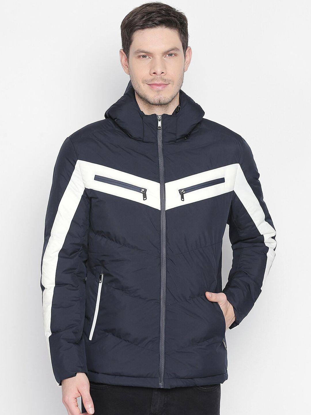 basics men navy blue colourblocked puffer jacket