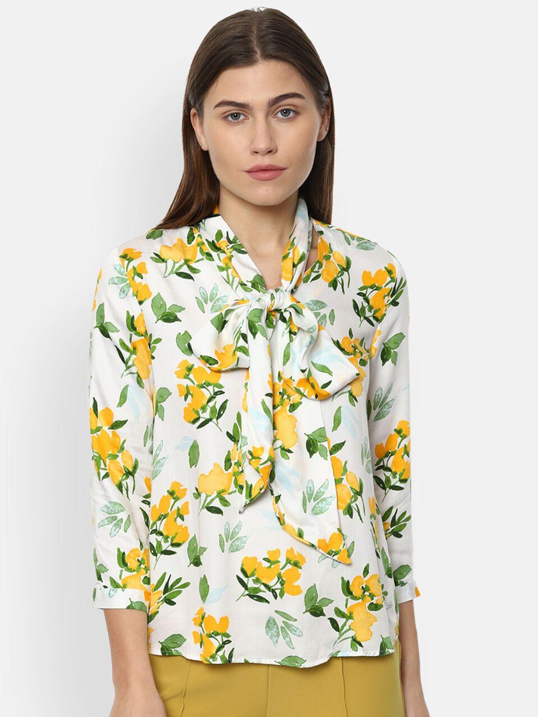 van heusen woman white & yellow floral print tie-up neck top