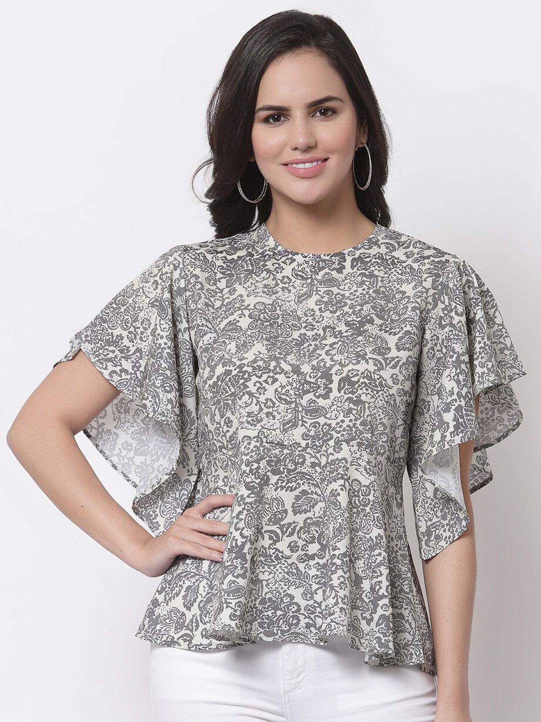 style quotient off white & grey floral print crepe top