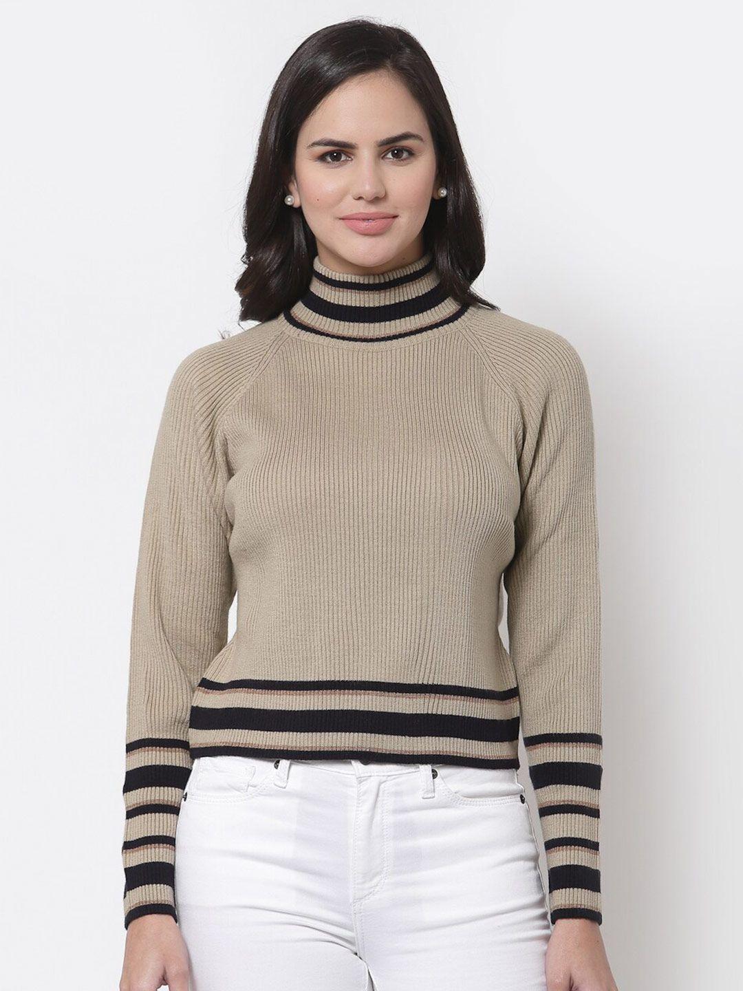 style quotient women beige & black ribbed acrylic pullover