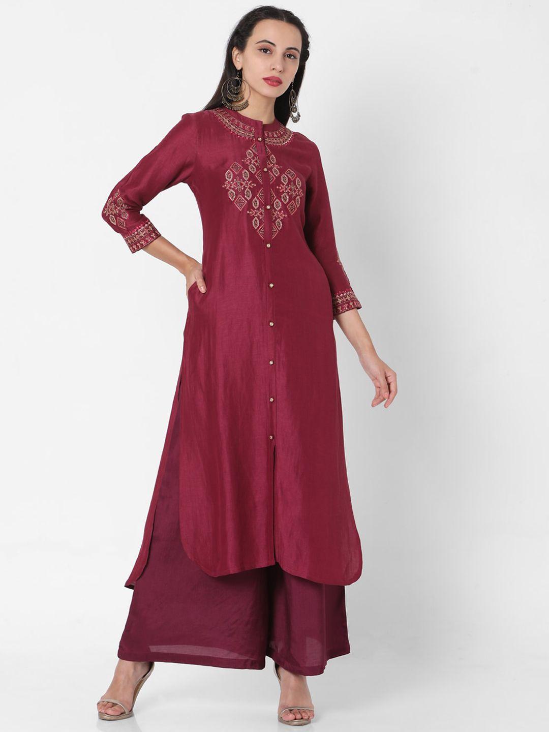 ojas designs woman fuchsia floral embroidered chanderi silk kurta with palazzos