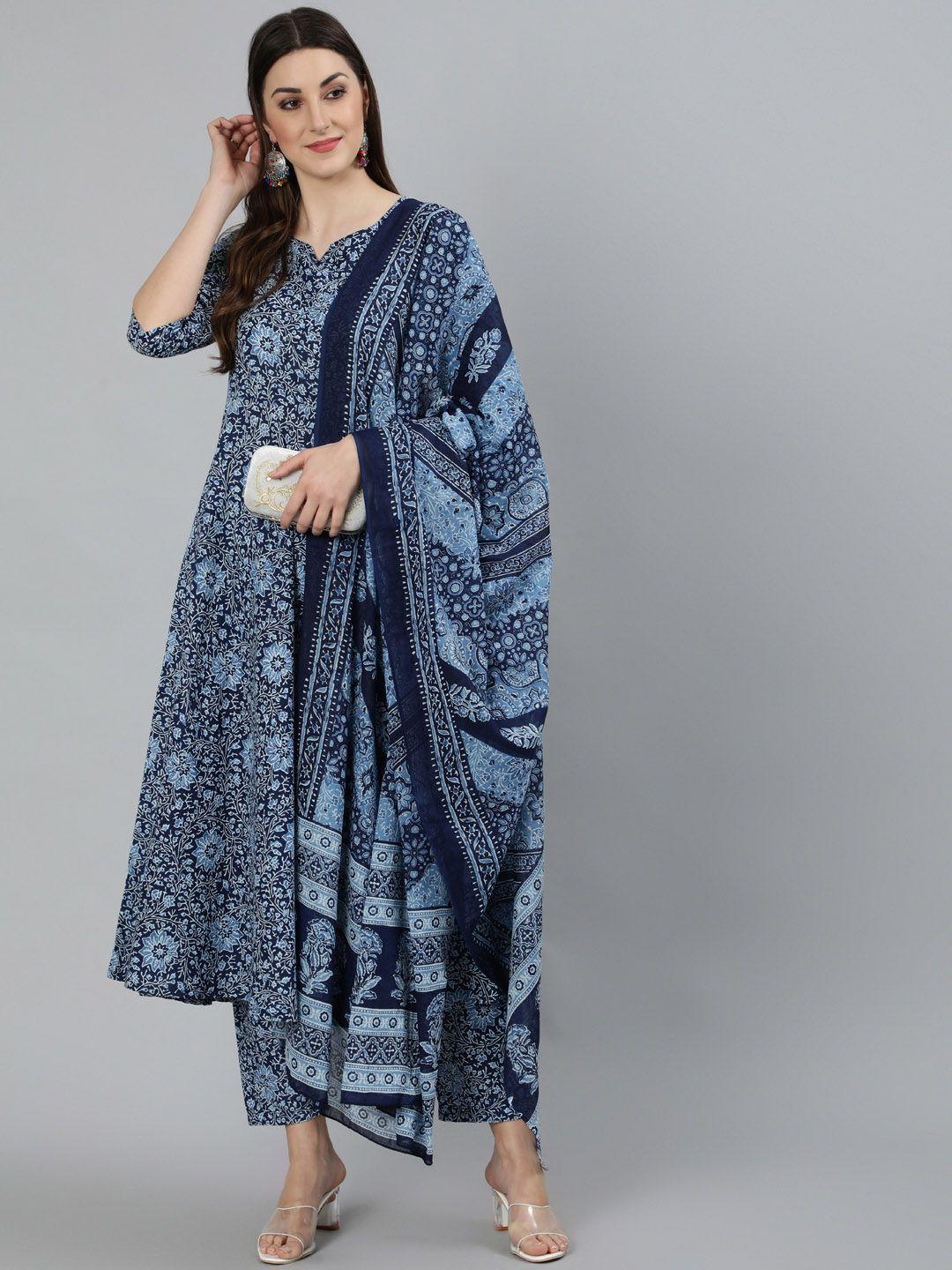 nayo women blue ethnic motifs printed pure cotton kurta with trousers & dupatta