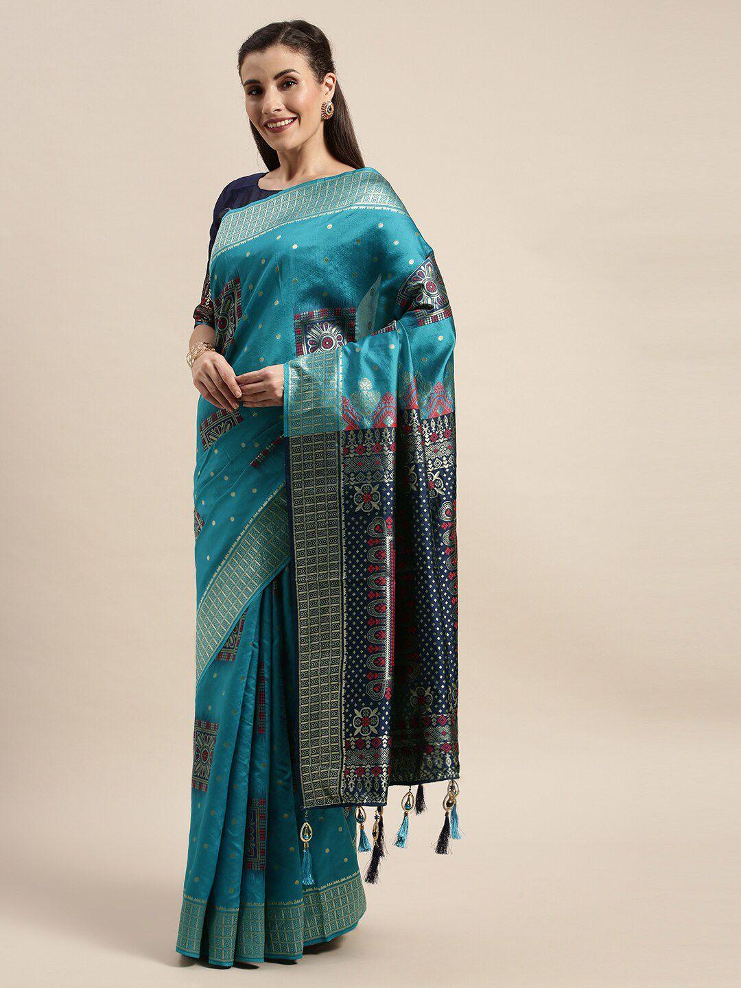 amrutam fab blue & magenta woven design zari silk blend banarasi saree